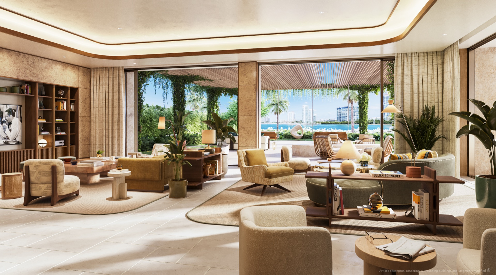 Waterfront gallery lounge at Six Fisher Island — bright, expansive bayfront living room designed by Tara Bernerd & Partners with natural stone and bespoke millwork throughout.