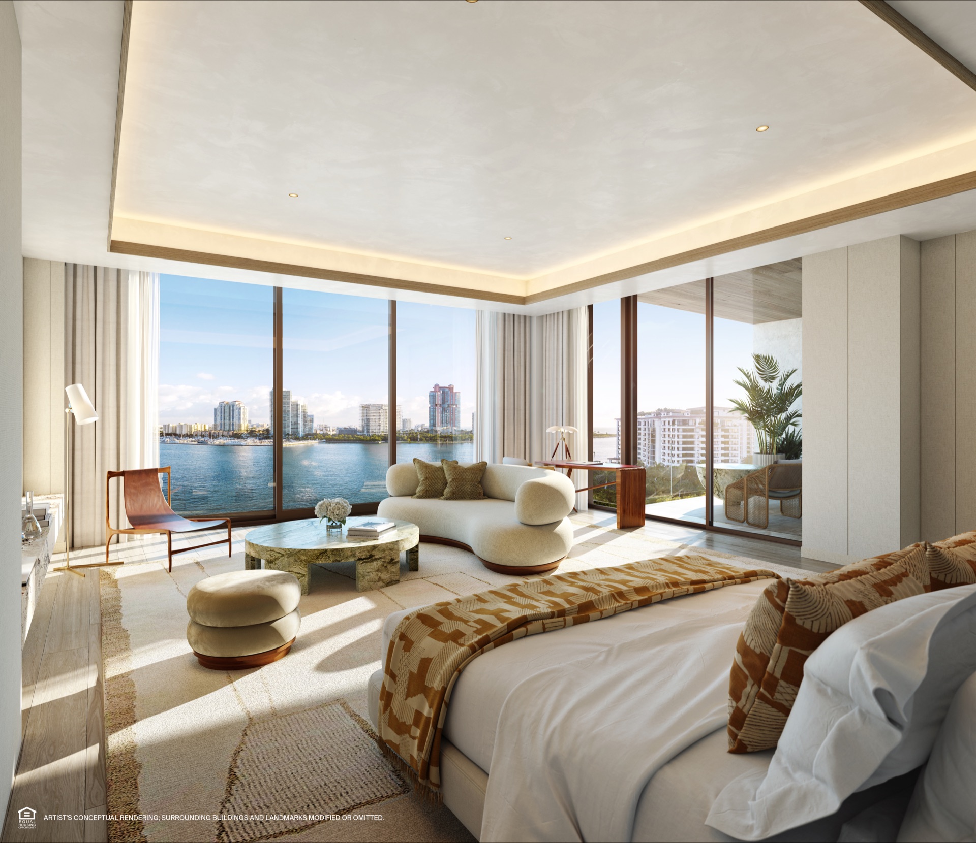 Primary bedroom at Six Fisher Island — The Residences. Bay views, midnight bar, direct terrace access, two oversized customizable walk-in wardrobes, Tara Bernerd interiors.