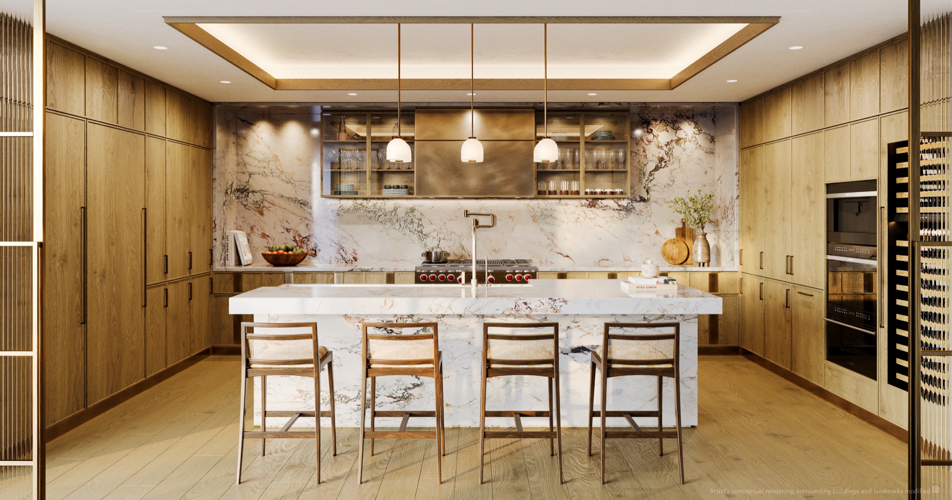 Kitchen at Six Fisher Island — The Residences. Custom Tara Bernerd cabinetry, integrated Sub-Zero refrigerator, Wolf dual-fuel range, full-height wine storage, steam oven, ice maker and coffee system.