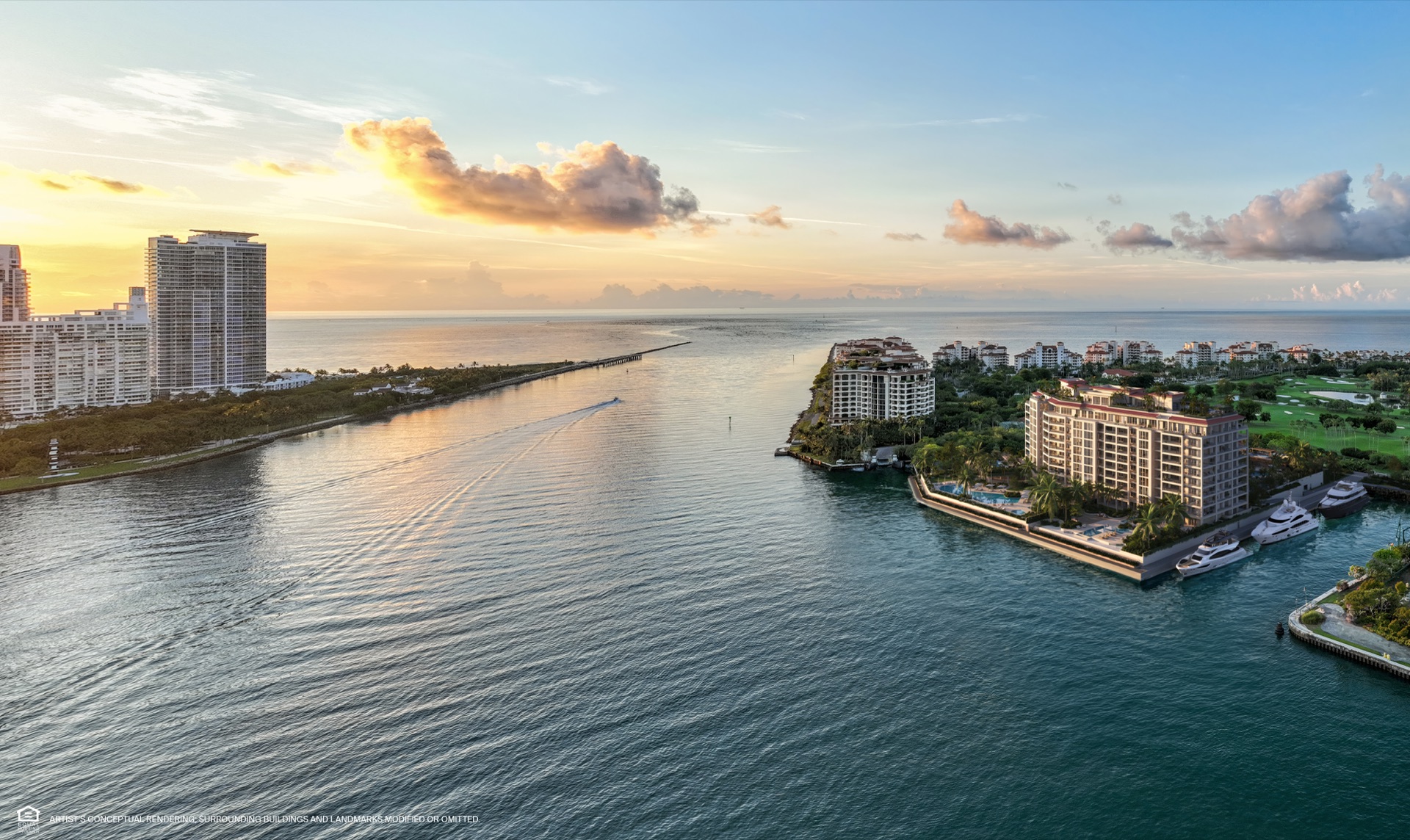 Six Fisher Island — aerial view of the ten-story building on Parcel 7, with 650 feet of pristine bayfront shoreline at the western edge of Fisher Island, facing the Miami skyline.